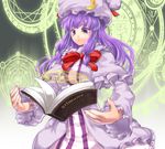  :&lt; book bow bowtie capelet colored_eyelashes floating floating_object grimoire hands hat highres long_hair looking_down magic_circle open_book patchouli_knowledge purple_eyes purple_hair ribbon solo staring sukocchi touhou 