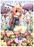  &gt;_&lt; :&lt; :3 ahoge animal_ears blue_eyes blush bunny_ears bunny_tail closed_eyes copyright_request emperpep flower long_hair red_hair solo tail traditional_media watercolor_(medium) 