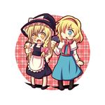  alice_margatroid blonde_hair blue_eyes braid chibi dokuta dress eating hair_ribbon hairband hat kirisame_marisa multiple_girls mushroom ribbon touhou witch_hat yellow_eyes 