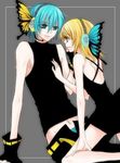 1girl blonde_hair blue_hair bug butterfly genderswap green_eyes hatsune_mikuo headphones insect kagamine_rin lowres magnet_(vocaloid) short_hair vocaloid wings 