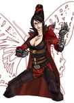  1girl bayonetta bayonetta_(character) belt black_hair breasts brown_eyes capcom cleavage creator_connection dante dante_(cosplay) dante_(devil_may_cry) devil_may_cry gauntlets glasses hair_bun long_hair mine_(odasol) mine_(pixiv348990) pants red_ribbon ribbon trench_coat trenchcoat very_long_hair 