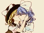  bad_id bad_pixiv_id blonde_hair blue_eyes blush bow closed_eyes couple hair_bow hair_ribbon hat hat_ribbon kiss mai_(touhou) momose_sumomo multiple_girls profile ribbon short_hair short_sleeves simple_background touhou touhou_(pc-98) yuki_(touhou) yuri 