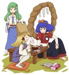  angry barefoot hair_ornament hat kishiinu kochiya_sanae leaf_hair_ornament moriya_suwako multiple_girls senbei short_hair squatting sweat touhou yasaka_kanako 