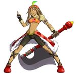  absurdres axe bike_shorts brown_hair dark_skin final_fantasy final_fantasy_ix fingerless_gloves gambon gloves highres lani middle_finger orange_eyes polearm shoes short_hair tubetop weapon 