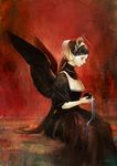  angel angel_wings apple bad_id bad_pixiv_id braid dress food fruit gu_(goodnight) halo long_hair original profile sitting solo wings 