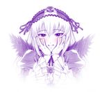  blush bonnet frills gothic hands hands_on_own_face ichikawa_masahiro monochrome rozen_maiden smile solo suigintou wings 