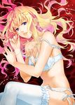  bare_shoulders blonde_hair bra bracelet breasts earrings fingernails hands jewelry lingerie long_hair lying macross macross_frontier medium_breasts nail_polish navel on_side panties pink_nails purple_eyes sage_joh sheryl_nome side-tie_panties solo strap_slip thighhighs underwear underwear_only white_legwear 