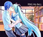  1girl blue_hair hair_ribbon hands hatsune_miku hetero houndstooth kaito kiss kuromaro long_hair ribbon school_uniform serafuku short_hair skirt thighhighs twintails vocaloid zettai_ryouiki 