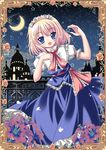  alice_margatroid art_nouveau blonde_hair blue_eyes crescent_moon dress flower hairband kenkou_toshikou moon open_mouth short_hair sky solo star_(sky) starry_moon starry_sky touhou 