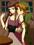  1girl blonde_hair blue_eyes brown_hair chin_rest couple gloves hat hetero hug hug_from_behind link long_hair o-yuki pointy_ears princess_zelda source_request the_legend_of_zelda the_legend_of_zelda:_twilight_princess 