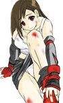  1girl beaten blood brown_hair cut elbow_gloves female final_fantasy final_fantasy_vii fingerless_gloves gloves hurt injury long_hair miniskirt okura okurapuchi panties pantyshot red_eyes skirt smile solo tank_top tanktop tifa_lockhart torn_clothes underwear upskirt white_panties 