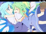  blue_eyes blue_hair bow cirno clock clockshow closed_eyes daiyousei dress green_hair hair_bow hug long_hair multiple_girls pointy_ears ponytail short_hair smile touhou wings yuuhi_alpha 