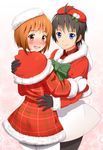  bad_id bad_pixiv_id beret black_hair blue_eyes blush brown_eyes brown_hair christmas gloves hagiwara_yukiho hat hug idolmaster idolmaster_(classic) kikuchi_makoto kinayuu looking_back multiple_girls pantyhose plaid smile white_legwear yuri 