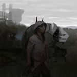  2015 anthro black_hair blood blood_on_clothes blood_on_mouth clothed clothing dragon female grey_skin hair hoodie lofi monster painting pants pointy_ears portrait ruins shaded skull solo standing wasteland white_eyes 