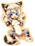  anthro bell bell_collar blue_eyes breasts cat claws collar cub cute feline female fur grey_fur hair happy hindpaw karin kishibe looking_at_viewer mammal nipples nude open_mouth pawpads paws short_hair small_breasts solo striped_fur stripes whiskers white_hair young 