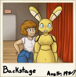  animatronic backstage blue_eyes brown_hair clothed clothing crossgender curtains duo english_text fan_character female five_nights_at_freddy&#039;s hair human jeans lagomorph machine mammal mizumew rabbit robot smile springtrap_(fnaf) text video_games 