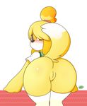  animal_crossing bearra black_nose butt canine clothed clothing dog eyelashes female fur hair isabelle_(animal_crossing) looking_at_viewer looking_back mammal nintendo pussy shih_tzu solo video_games 