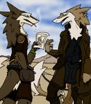  2015 anthro belt brown_fur cigarette claws clothing crossbow day desert duo face_paint fur grey_eyes jacket knee_pads luismcderp_(artist) mountain paper poster pouch ranged_weapon sergal smoking standing weapon white_fur 