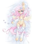  2015 clothing cutie_mark equine female fluttershy_(mlp) friendship_is_magic hair hi_res legwear long_hair looking_at_viewer lying mammal mlpanon my_little_pony navel on_back pegasus pink_hair solo translucent transparent_clothing wings 