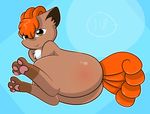  1-upclock blue_background blush brown_fur butt canine fox fur hair hindpaw looking_at_viewer lying mammal multicolored_fur multiple_tails nintendo on_side orange_hair pawpads paws pok&eacute;mon simple_background solo two_tone_fur video_games vulpix white_fur white_sclera yellow_eyes 