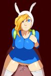  adventure_time animal_humanoid backpack big_breasts blonde_hair blue_eyes bottomless breasts clothed clothing female fionna_the_human hair half-dressed human humanoid kneeling lagomorph legwear looking_up mammal not_furry pussy pussy_juice r4 rabbit_humanoid solo solo_focus thigh_highs 