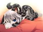  anthro blue_eyes cat cute feline female fur grey_fur hair karin laying_on_side looking_at_viewer lying mammal open_mouth pillow short_hair solo striped_fur stripes tetetor-oort whiskers white_hair young 