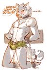  abs anthro biceps blue_eyes blush bound brown_nose bulge canine chain cheetahpaws clothed clothing denim_shorts english_text fangs fur hair half-dressed male mammal muscles nipples pecs piercing shackles shorts solo teeth text toned topless underwear white_fur wolf 