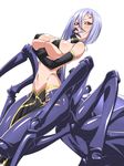  arachne bangs bare_shoulders blush breast_hold breasts carapace chikuishi cleavage covered_nipples detached_sleeves extra_eyes grin groin hair_between_eyes hand_on_own_cheek hand_on_own_face insect_girl large_breasts micro_bikini_top midriff monster_girl monster_musume_no_iru_nichijou multiple_legs navel pelvic_curtain purple_hair rachnera_arachnera red_eyes sharp_teeth shiny shiny_skin short_hair sideboob simple_background skindentation smile solid_eyes solo spider_girl teeth underboob white_background 