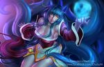  2014 ahri amber_eyes animal_humanoid bell blue_fur blue_hair breasts canine chubymi cleavage clothed clothing female fox fox_humanoid fur hair human humanoid league_of_legends lips long_hair magic mammal multiple_tails nails smile solo video_games 