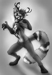  2015 anthro antlers clothed clothing half-dressed horn hybrid looking_at_viewer mammal markings monochrome open_mouth pants red_panda sayuncle topless 