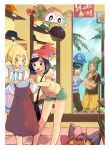  2girls bag baseball_cap beanie black_hair black_shirt blonde_hair blue_sky bow capri_pants closed_eyes cloud dark_skin dark_skinned_male dress gen_7_pokemon green_eyes green_hair green_shorts handbag hat hau_(pokemon) highres lillie_(pokemon) litten long_hair malasada mizuki_(pokemon) multiple_boys multiple_girls open_mouth pants pink_bow pokemon pokemon_(creature) pokemon_(game) pokemon_sm ponytail popplio red_hat ririmon rowlet shirt short_hair short_sleeves shorts skirt sky standing striped striped_shirt tied_shirt white_shirt white_skirt window you_(pokemon) 