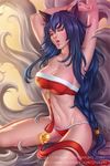  2014 ahri amber_eyes animal_humanoid arms_above_head bell blue_fur blue_hair breasts canine chubymi cleavage clothed clothing female fox fox_humanoid fur hair human humanoid league_of_legends lips long_hair mammal multiple_tails nails panties sitting skimpy solo tongue underwear video_games white_fur 