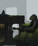  2015 anthro building cat chair cliff clothed clothing eyes_closed feline fur grass lofi male mammal outside pants pawpads paws portrait shaded sitting sleeveless_shirt solo thinking yellow_fur 