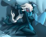  2015 alternate_color anthro black_nipples black_skin blue_eyes blue_lips blue_skin blush breasts clothed clothing darkrai darkria english_text fan_character hair half-closed_eyes half-dressed hi_res kneeling latiar legendary_pok&eacute;mon long_hair nintendo nipples pok&eacute;mon side_boob solo text topless video_games white_hair 