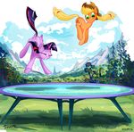  2015 applejack_(mlp) blonde_hair bouncing cloud cowboy_hat cutie_mark duo earth_pony equine eyes_closed female feral freckles friendship_is_magic green_eyes hair hat horn horse jowybean long_hair mammal mountain my_little_pony outside pony smile trampoline twilight_sparkle_(mlp) winged_unicorn wings 