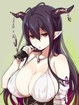  bags_under_eyes bandages bare_shoulders black_hair breasts cleavage danua draph gem granblue_fantasy green_background hair_between_eyes horn_ornament horns jewelry jitome large_breasts long_hair necklace pale_skin pointy_ears saliva saliva_trail sasamori_tomoe simple_background solo upper_body 