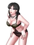  apzzang arm bare_arms bare_shoulders black_hair blue_eyes breasts cleavage earrings female jewelry large_breasts leaning leaning_forward lingerie lipstick long_hair looking_at_viewer makeup mature necklace open_mouth simple_background solo underwear underwear_only white_background 