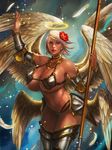  1girl angel angel_wings armor bare_shoulders big_breasts bikini_armor breasts butt_wings choker cleavage clothed clothing curvy dark_skin ear_piercing earrings ecoas feathered_wings feathers female flower_ornament gauntlet hair halo huge_breasts humanoid jewelry looking_at_viewer multiple_wings navel not_furry parted_lips piercing purple_eyes red_lips short_hair skimpy sky solo staff unconvincing_armor weapon white_hair wide_hips wings 
