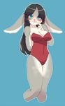  1girl black_hair blue_eyes blush breasts bunny bunnysuit cleavage copyright_request furry long_hair looking_at_viewer powderkona rabbit rabbit_clothes simple_background solo standing 