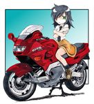  bike black_hair border gradient gradient_background green_eyes hair_over_one_eye kuroki_tomoko motorbike motorcycle nishimiya_makoto shoes skirt solo watashi_ga_motenai_no_wa_dou_kangaetemo_omaera_ga_warui! yamaha 