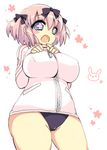  1girl bad_id bad_pixiv_id blue_eyes blush bow breasts buruma commentary_request covered_nipples daigorou_(hurisesi-kurasuko) hair_bow hands_on_own_chest hibari_(senran_kagura) jacket large_breasts looking_at_viewer open_mouth pink_hair plump senran_kagura senran_kagura_shoujo-tachi_no_shin'ei short_hair short_twintails smile solo symbol-shaped_pupils thick_thighs thighs track_jacket twintails 
