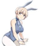  1girl animal_ears arm_support blonde_hair blue_eyes blue_leotard blue_neckwear brave_witches breasts bunny_ears collared_leotard commentary eyebrows_visible_through_hair fake_animal_ears halterneck large_breasts leaning_to_the_side leotard looking_at_viewer nanashino necktie nikka_edvardine_katajainen pantyhose ribbed_leotard shadow short_hair simple_background sitting solo thighs very_short_hair white_background white_legwear world_witches_series wrist_cuffs 