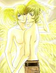  androgynous angel_wings asuka_ryou bad_id bad_pixiv_id blonde_hair blue_eyes breasts devilman dual_persona head_wings medium_breasts multiple_boys multiple_persona nude satan_(devilman) sekiya_(akaya2580) shirtless short_hair sideburns time_paradox wings 