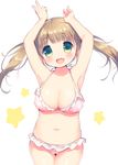  :d arms_up bikini blush breasts fang green_eyes large_breasts long_hair navel open_mouth oppai_loli original simple_background smile solo swimsuit twintails usashiro_mani white_background 
