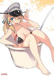  ;d artist_name bare_legs bikini blonde_hair breasts cleavage commentary_request cup flower green_eyes hair_flower hair_ornament hair_ribbon hat huge_breasts in_container in_cup kantai_collection long_hair one_eye_closed open_mouth peaked_cap prinz_eugen_(kantai_collection) ribbon sensen smile solo swimsuit twintails 