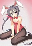  akebono_(kantai_collection) alternate_costume animal_ears bad_id bad_pixiv_id bare_shoulders bell black_legwear blush bow bowtie breasts bunny_ears bunny_girl bunny_tail bunnysuit cleavage covered_navel detached_collar fake_animal_ears fake_tail flower hair_bell hair_flower hair_ornament jingle_bell kankitsunabe_(citrus) kantai_collection long_hair looking_at_viewer open_mouth pantyhose purple_eyes purple_hair side_ponytail sitting small_breasts solo tail v_arms very_long_hair wariza wrist_cuffs 