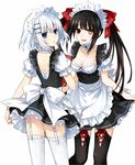  alternate_costume apron black_hair black_legwear blue_eyes bow breasts choker cleavage date_a_live enmaided from_behind garter_straps hair_bow hair_ornament hairclip heterochromia highres long_hair looking_at_viewer looking_back maid medium_breasts multiple_girls scan simple_background smile thighhighs tobiichi_origami tokisaki_kurumi tsunako twintails waist_apron white_background white_hair white_legwear yellow_eyes 
