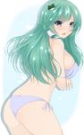  ass back bikini blue_bikini blush breast_lift breasts chimunge crossed_arms frog_hair_ornament green_hair grey_eyes hair_ornament heart kochiya_sanae large_breasts long_hair open_mouth side-tie_bikini snake_hair_ornament solo swimsuit touhou 