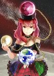  breasts chain cleavage clothes_writing collar collarbone deetamu earth hat hecatia_lapislazuli highres large_breasts looking_at_viewer moon multicolored multicolored_clothes multicolored_skirt off_shoulder polos_crown red_eyes red_hair shirt skirt smile solo space touhou 