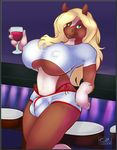  2015 alcohol anthro bar beverage big_breasts blonde_hair breasts brown_fur bulge clothed clothing clydesdale cream_fur cryptozoo dickgirl draft_horse equine food fur hair horse intersex leaning leaning_back long_hair looking_at_viewer mammal multicolored_fur navel nipples panties razor_(character) short_shirt smile solo tight_clothing track_shorts two_tone_fur under_boob underwear wide_hips wine wine_glass 